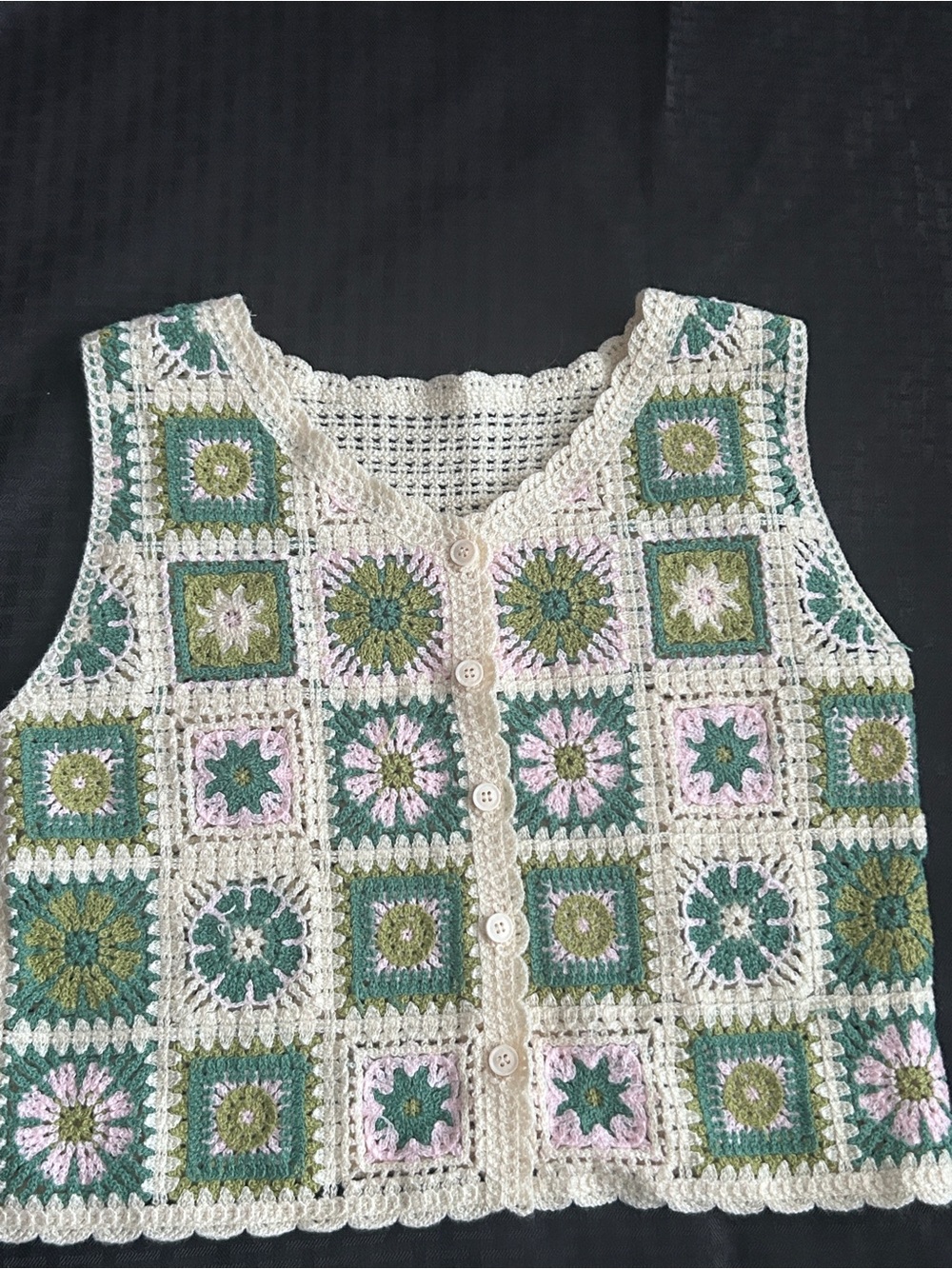 Floral Crochet Granny Square Button-Front Vest – Sage Green & Cream